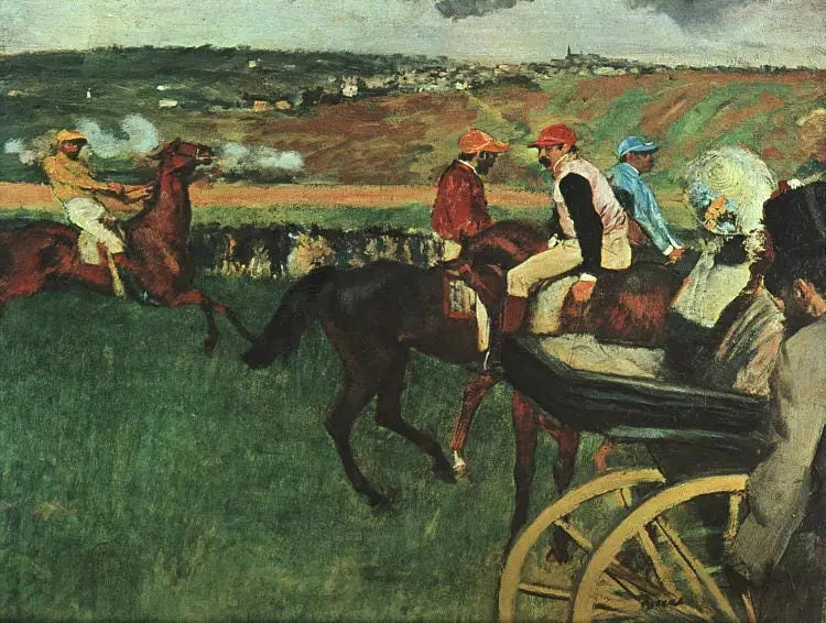 O campo de corridas. Jóqueis amadores perto de um carro - Edgar Degas