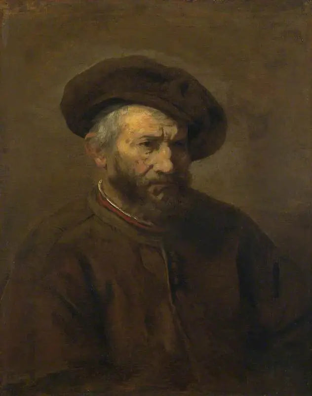 Meio corpo de um homem barbudo com boina - Rembrandt