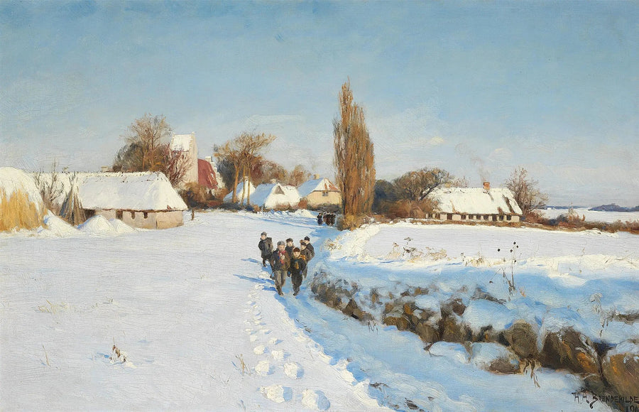 Crianças caminhando na neve durante um dia de inverno ensolarado. - H. A. Brendekilde
