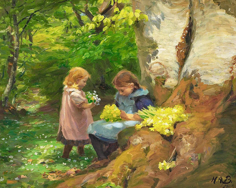 Meninas colhem anêmonas e prímulas na floresta de Hunnerup perto de Odense. - H. A. Brendekilde