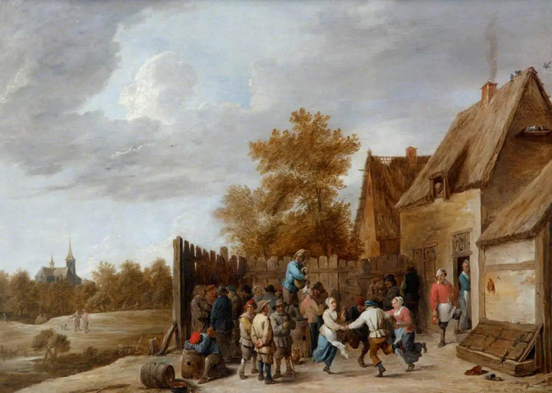 Camponeses dançando na frente de uma taverna, com uma igreja de vila ao longe - David Teniers o Jovem