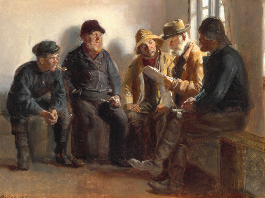 Des pêcheurs dans une épicerie de Skagen. Søren Kruse lit le journal du jour. - Michael Peter Ancher