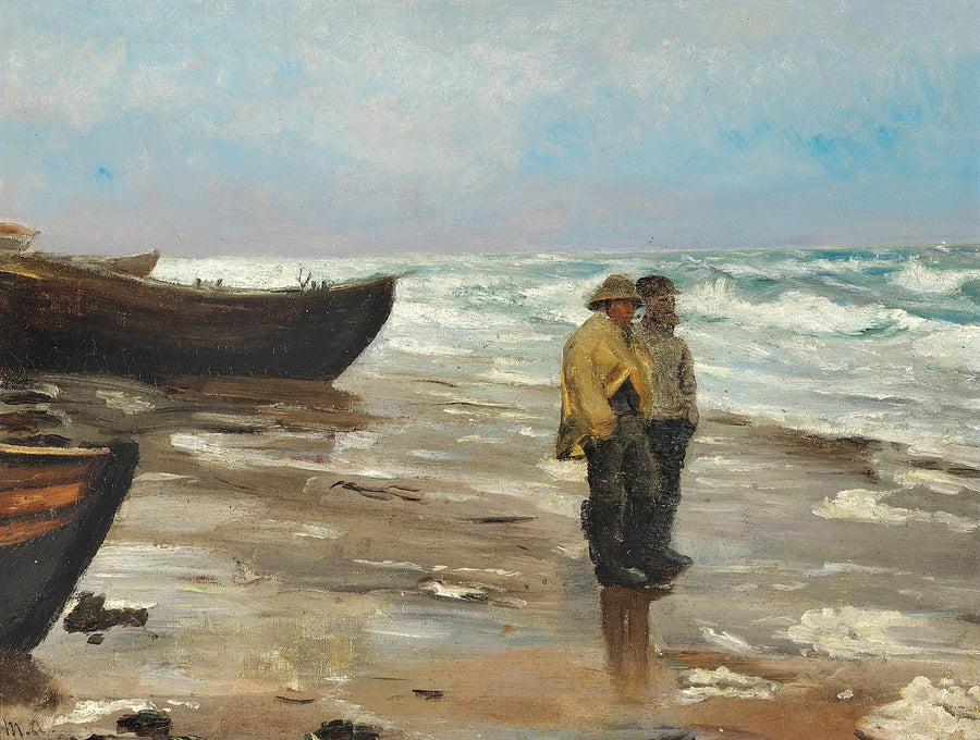 Des pêcheurs sur une plage avec leurs bateaux. - Michael Peter Ancher