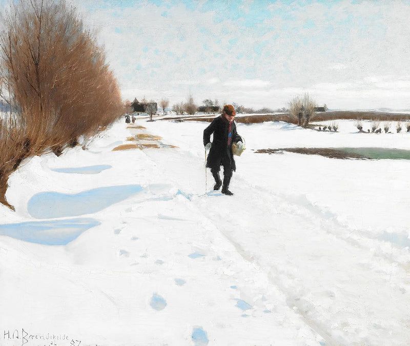 Pessoas caminhando em uma estrada coberta de neve. - H. A. Brendekilde