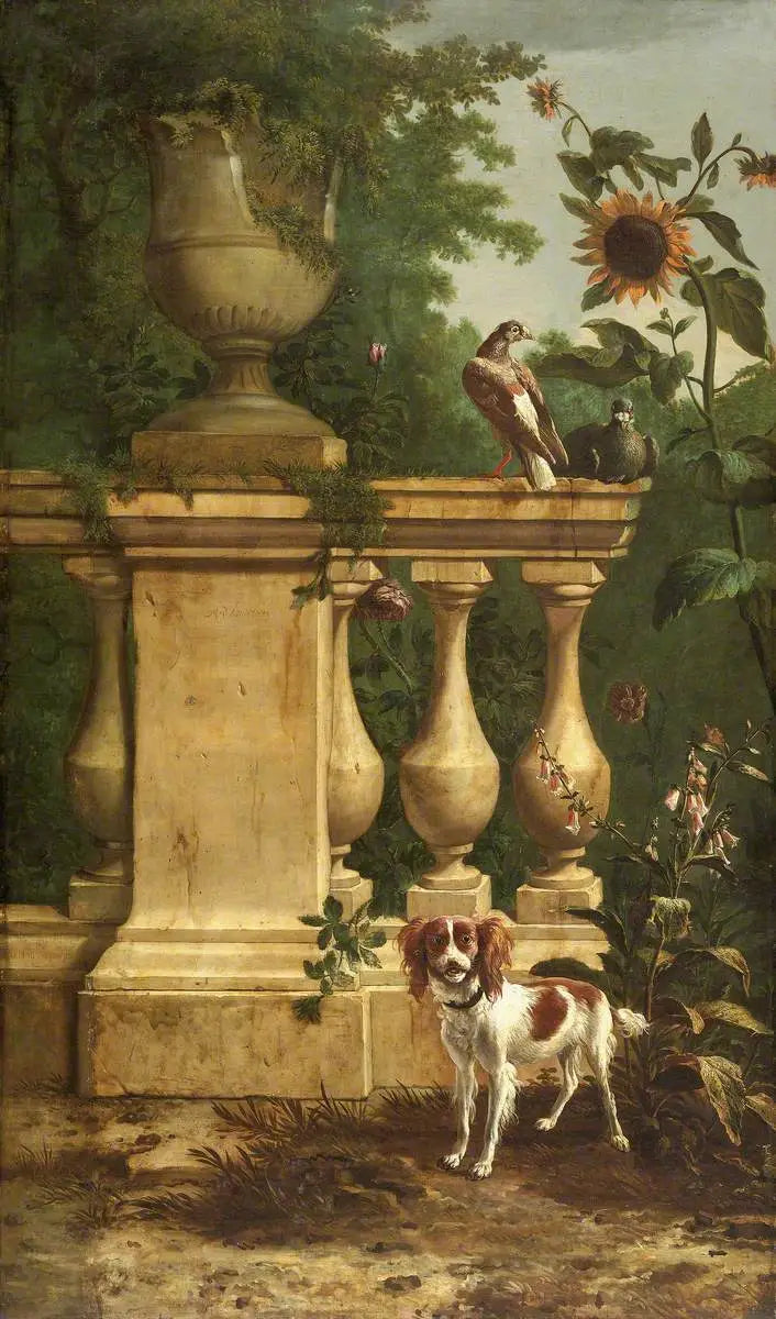 Pombos e um cachorro em um jardim - Melchior de Hondecoeter