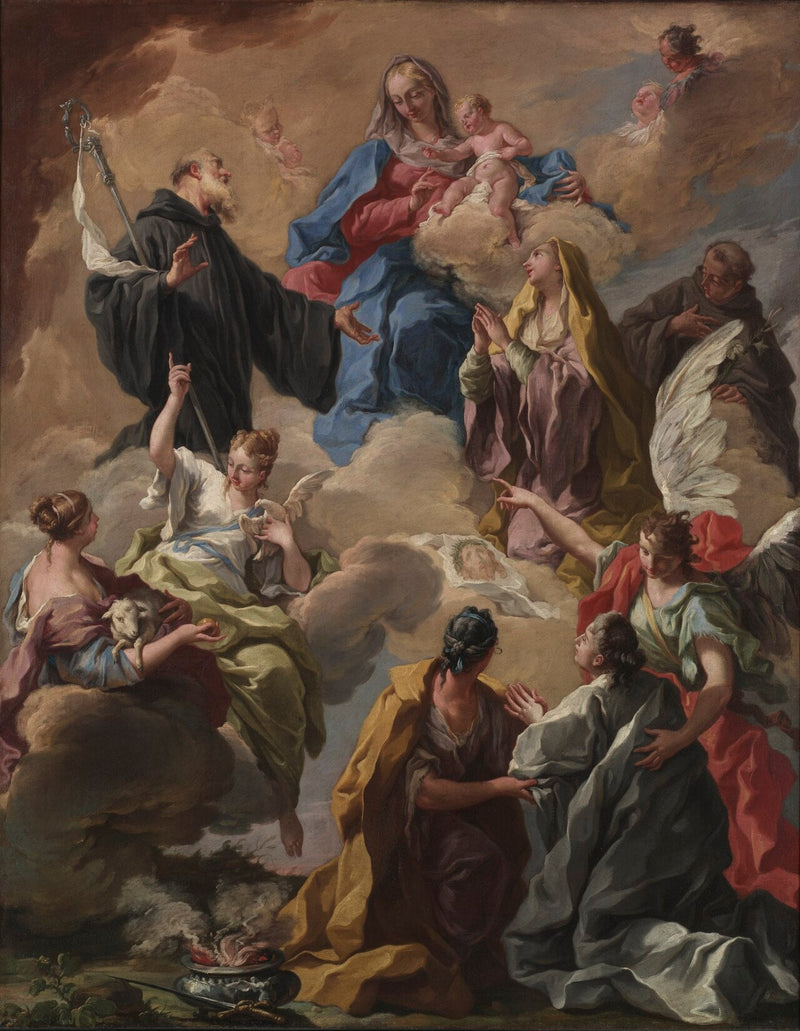 Santos apresentam uma mulher devota à Virgem e ao Menino. - Giovanni Battista Pittoni