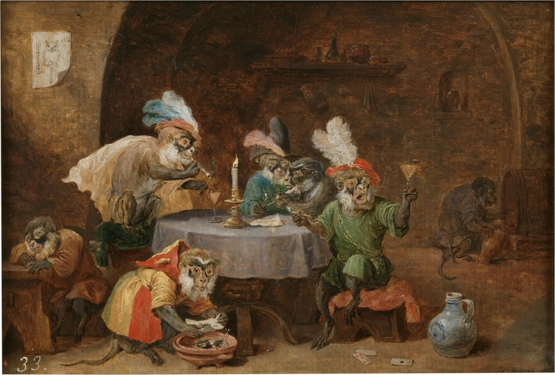 Macacos fumando e bebendo - David Teniers, o Jovem
