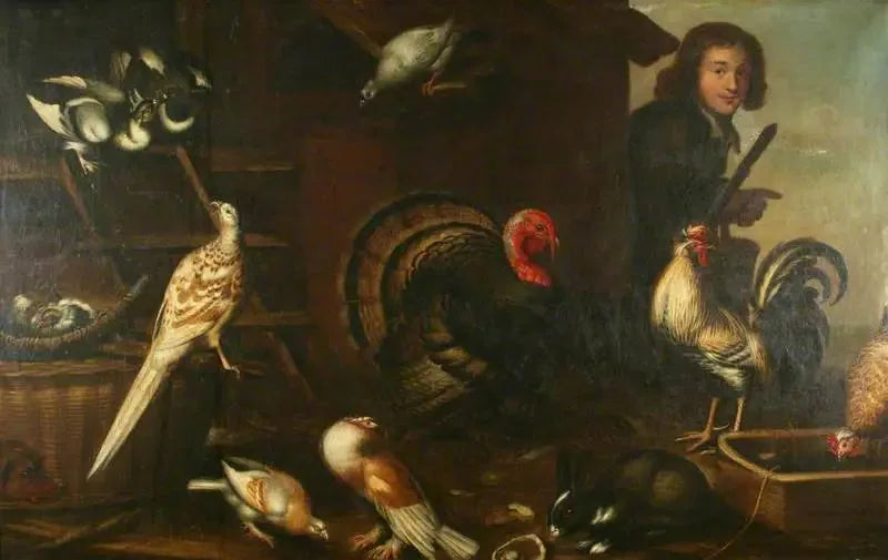Aves de capoeira domésticas e um homem - Melchior de Hondecoeter