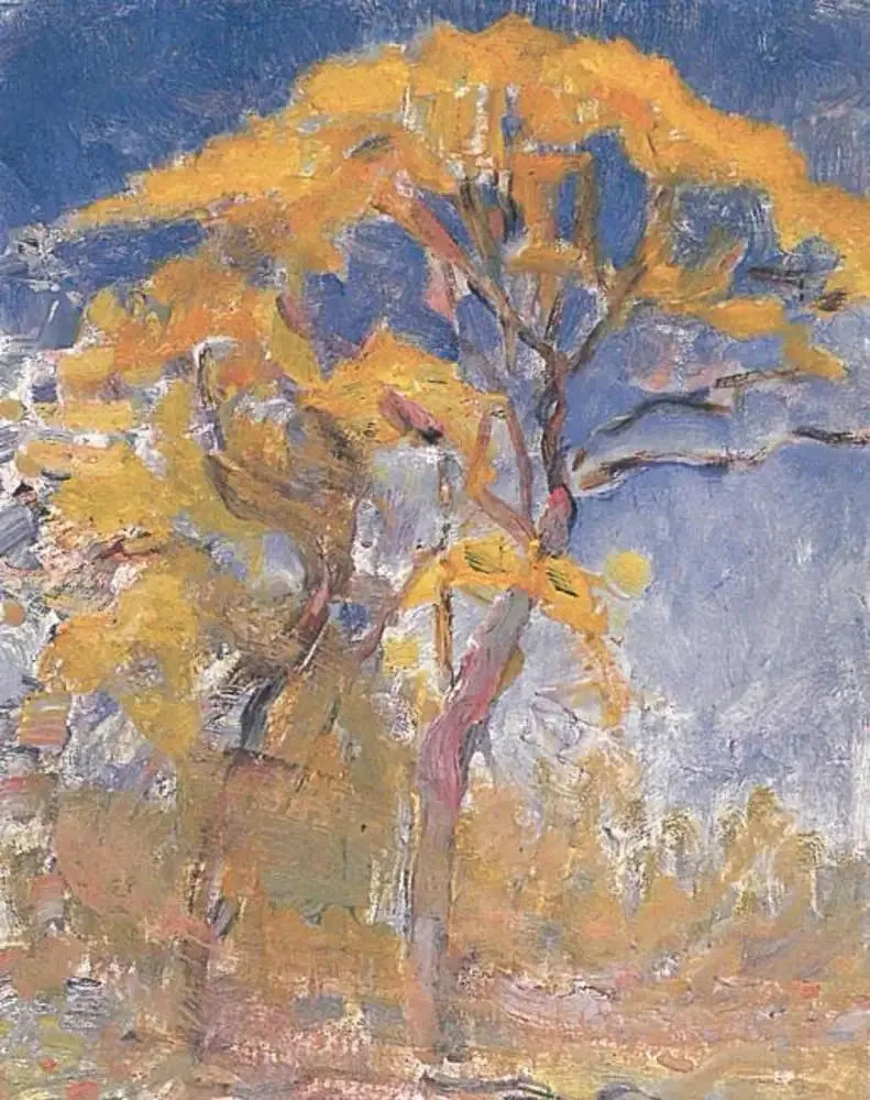 Duas árvores com folhagem laranja contra o céu azul - Piet Mondrian