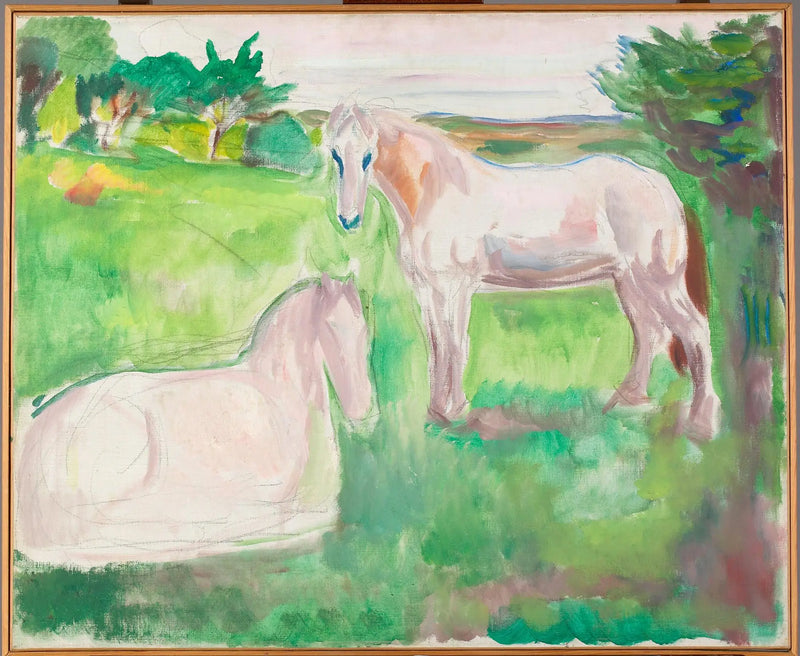 Dois cavalos brancos em um campo verde - Edvard Munch