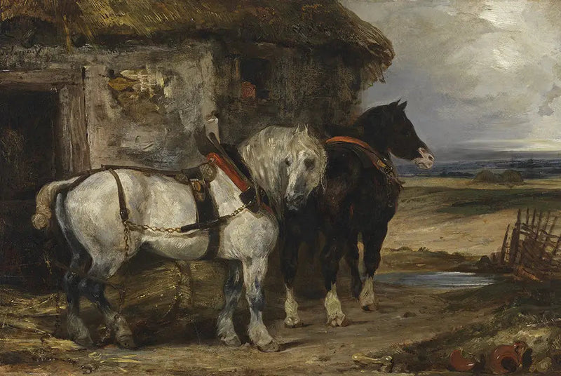 Duas cavalos diante de um celeiro - Eugène Delacroix