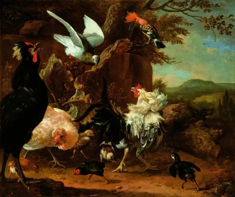 Dois galos, uma galinha e pintinhos com uma pomba e uma jubarte. - Melchior de Hondecoeter