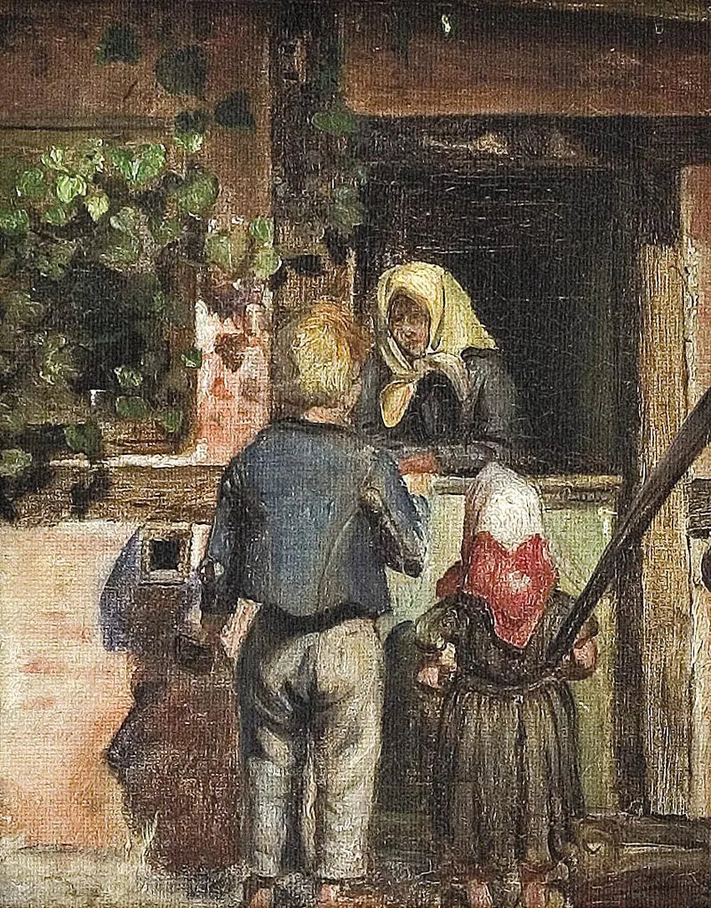Dois crianças e uma mulher idosa estão de pé na frente de uma porta. - Anna Ancher