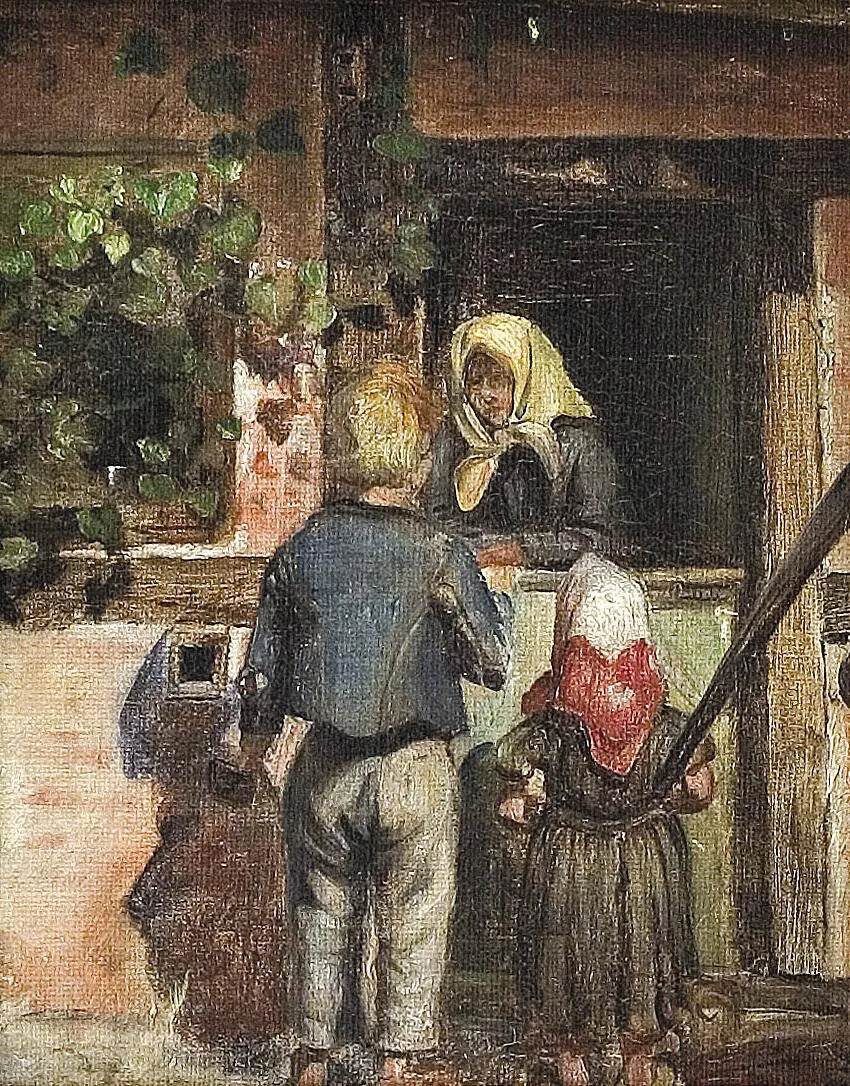 Dois crianças e uma mulher idosa estão de pé na frente de uma porta. - Anna Ancher
