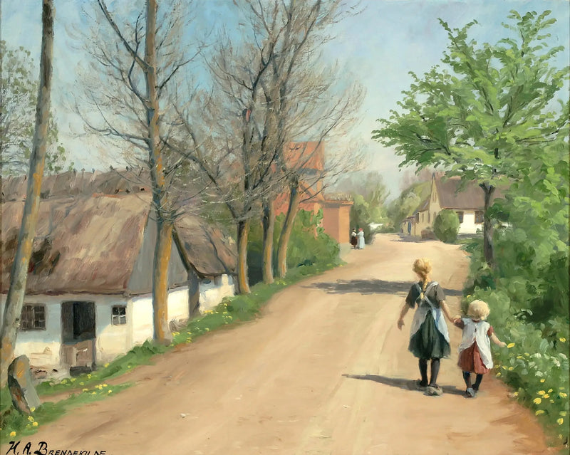 Dois crianças caminhando de mãos dadas em uma estrada de vila. - H. A. Brendekilde