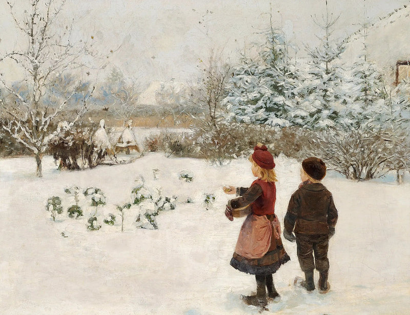 Dois crianças alimentam pássaros na neve. - H. A. Brendekilde