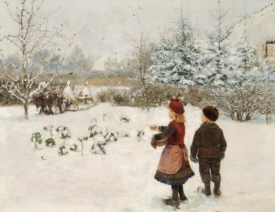 Dois crianças alimentam pássaros na neve. - H. A. Brendekilde