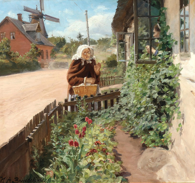 Duas mulheres discutem através de uma janela. - H. A. Brendekilde