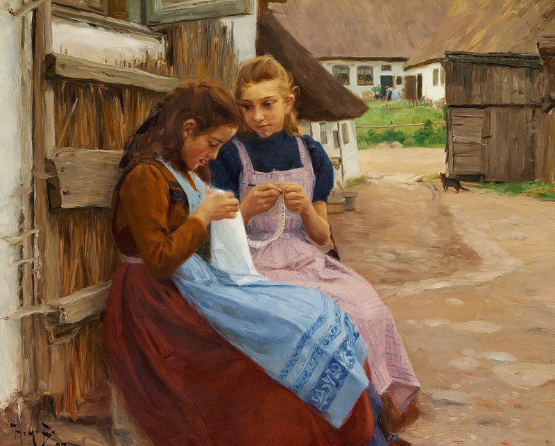 Duas meninas com trabalhos de agulha sentadas no pátio de uma fazenda. - H. A. Brendekilde