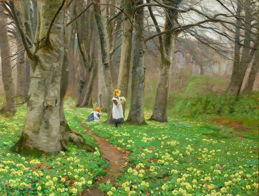 Duas meninas colhem flores em uma floresta na primavera. - H. A. Brendekilde