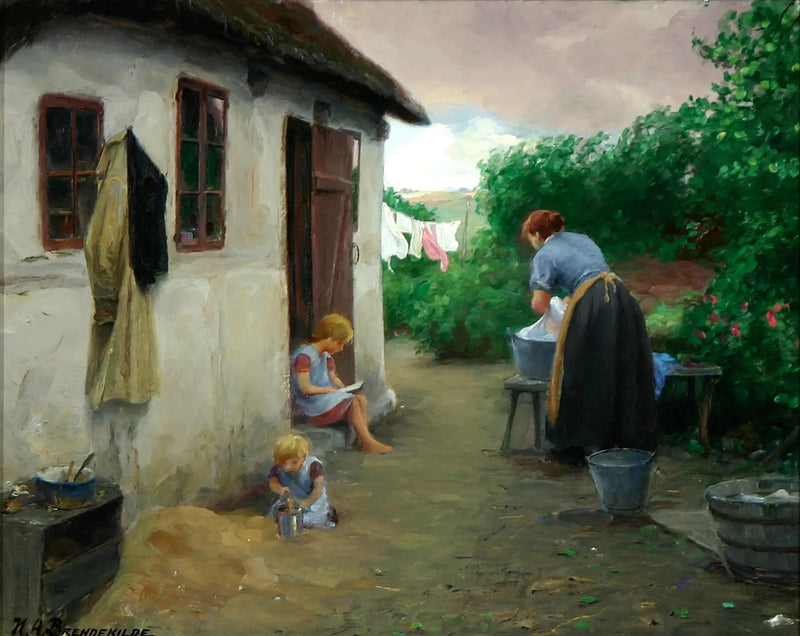 Duas meninas e sua mãe perto de uma fazenda. - H. A. Brendekilde