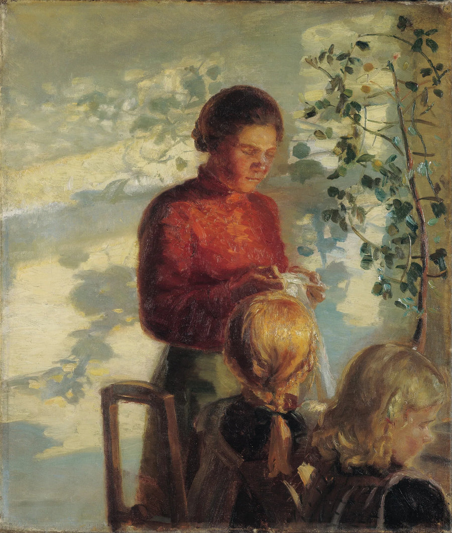 Duas meninas fazem uma aula de costura - Anna Ancher