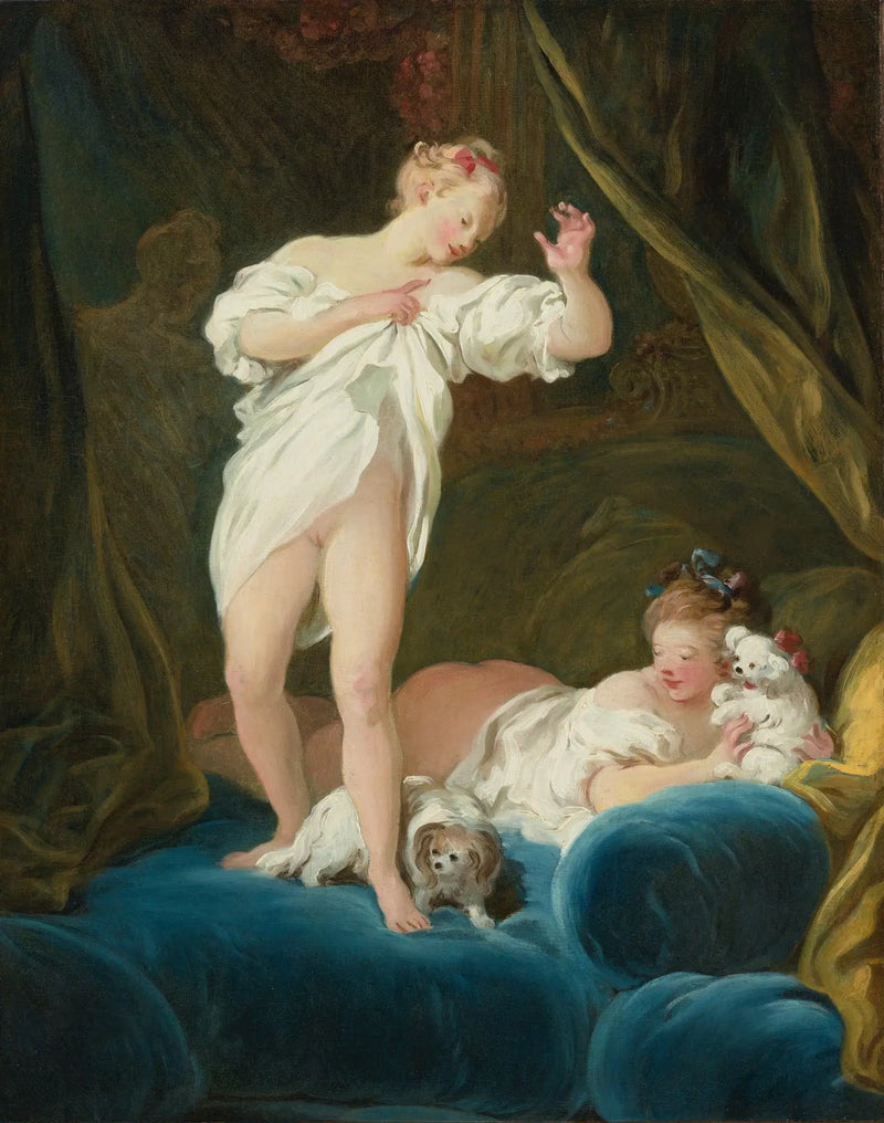 Duas meninas na cama brincando com seus cães - Jean-Honoré Fragonard