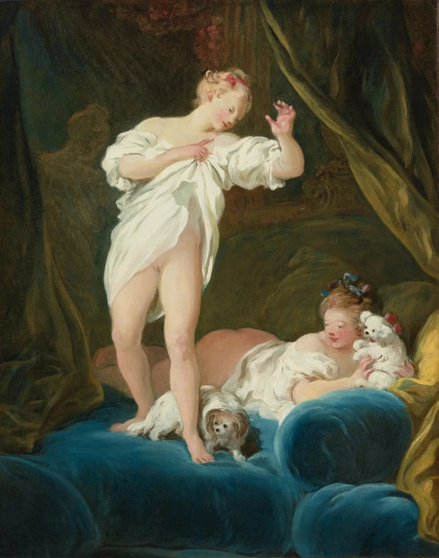 Duas meninas na cama brincando com seus cães - Jean-Honoré Fragonard