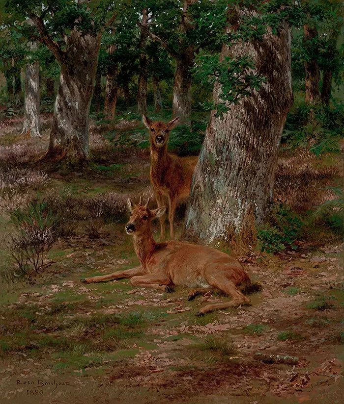 Dois jovens cervos em uma floresta - Rosa Bonheur