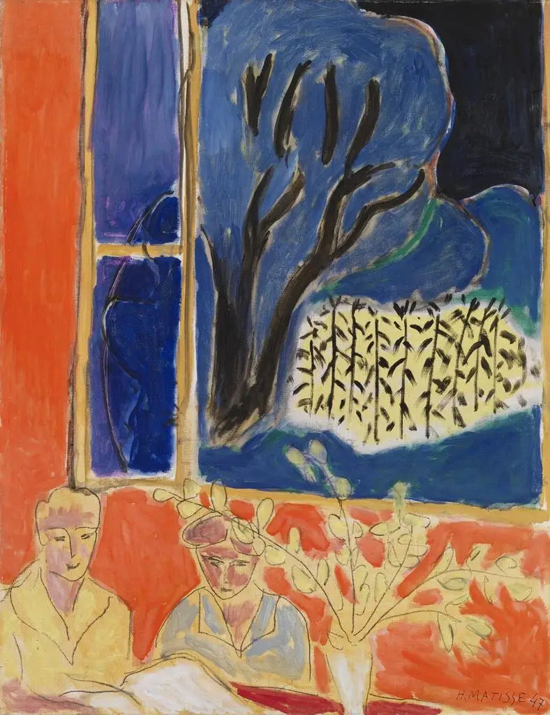 Duas jovens meninas em um interior de coral, jardim azul (Duas meninas, fundo coral, jardim azul) - Henri Matisse