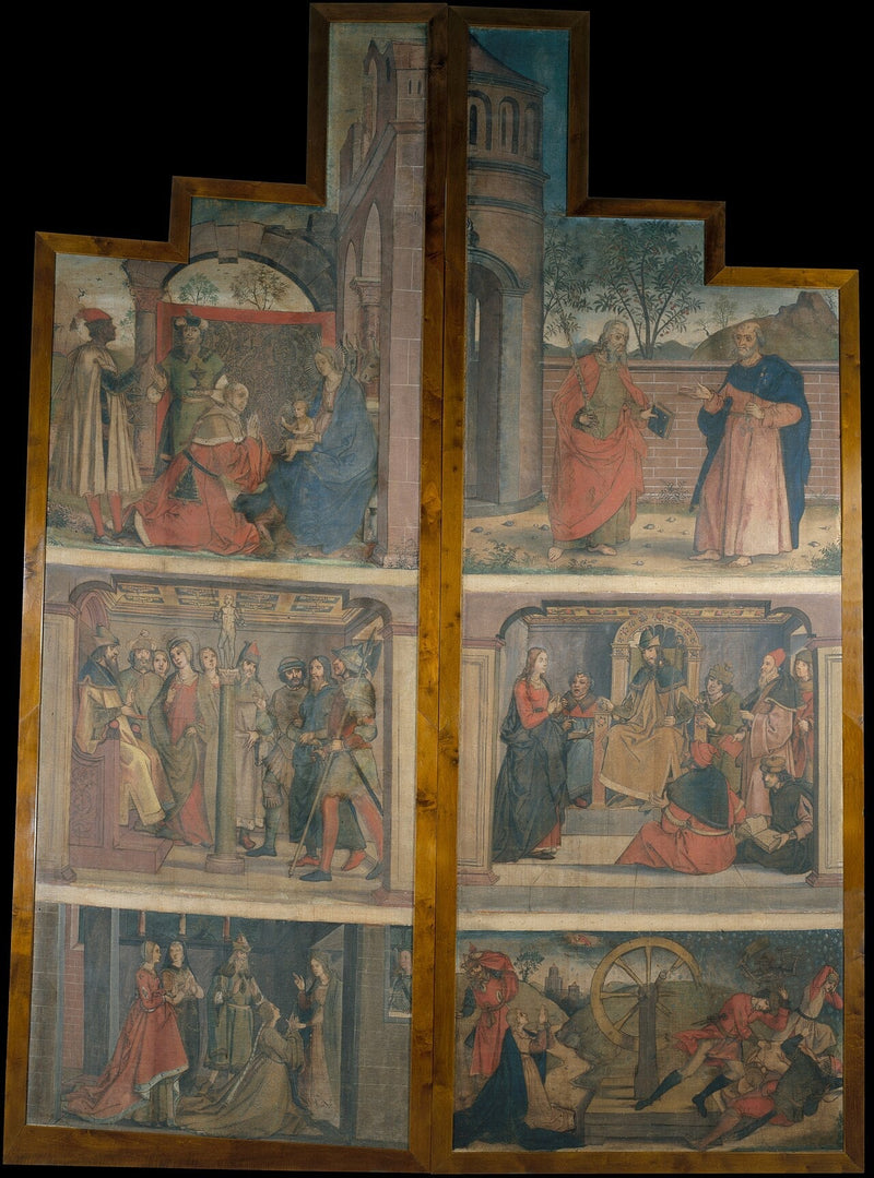Duas toalhas provenientes das portas de um retábulo ornamentado com cenas da vida de Santa Catarina - Pedro Berruguete
