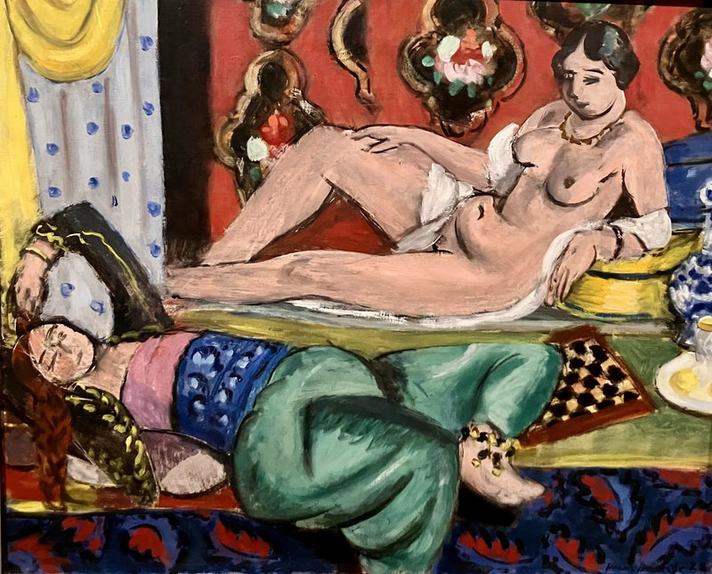 Duas odaliscas, uma delas despida, fundo ornamental e xadrez - Henri Matisse