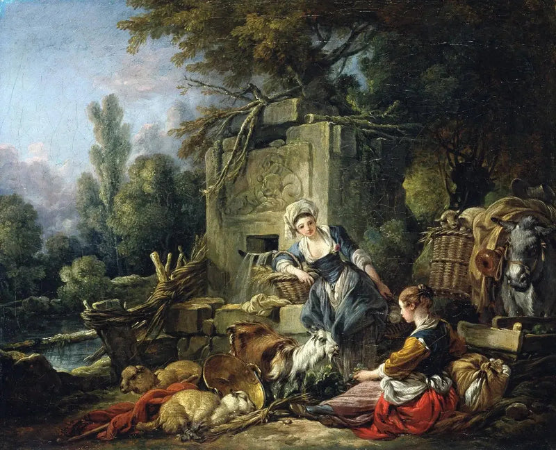 Duas camponesas perto de uma fonte rústica - François Boucher