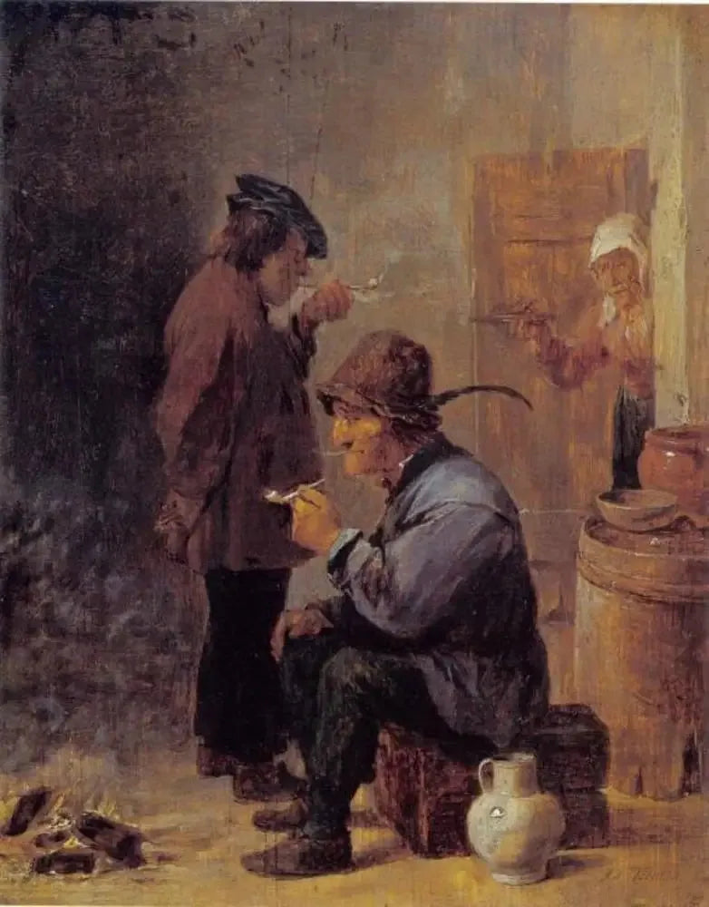 Dois camponeses fumantes ao fogo de carvão - David Teniers, o Jovem