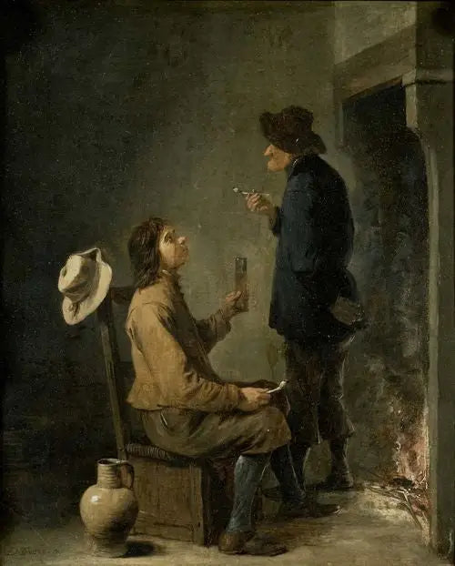 Dois camponeses fumantes diante de uma lareira - David Teniers, o Jovem