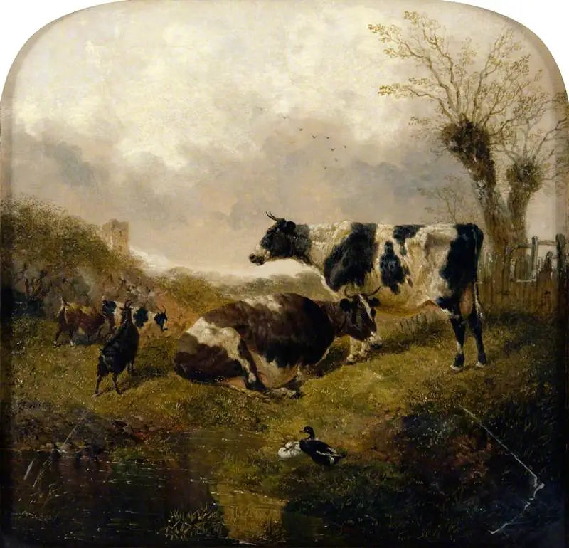 Duas vacas com cabras e patos em uma paisagem - John Frederick Herring, Sr.