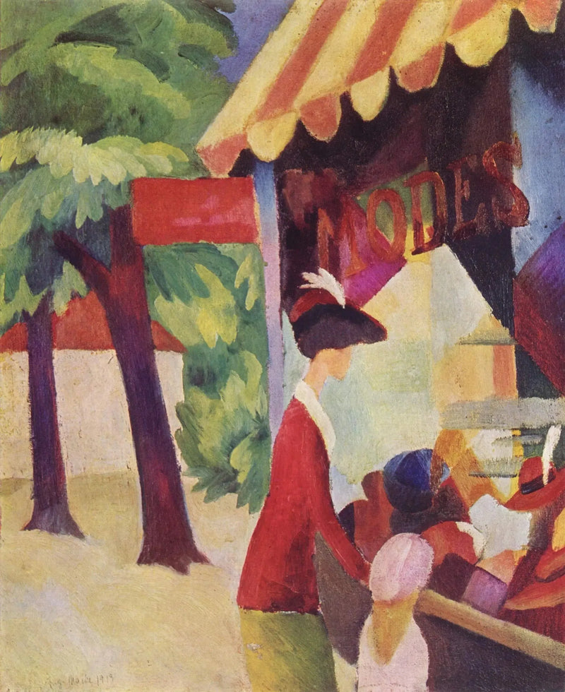 Diante da chapelaria (Mulher com um casaco vermelho e uma criança) - August Macke