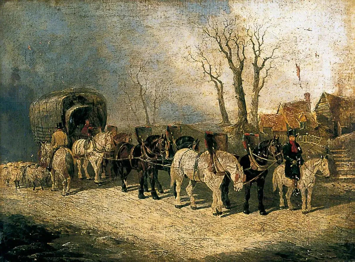 Diacre, le transporteur de Londres à York, sur la route en hiver - John Frederick Herring, Sr. image 1 reproduction réalisée par Alpha Reproduction