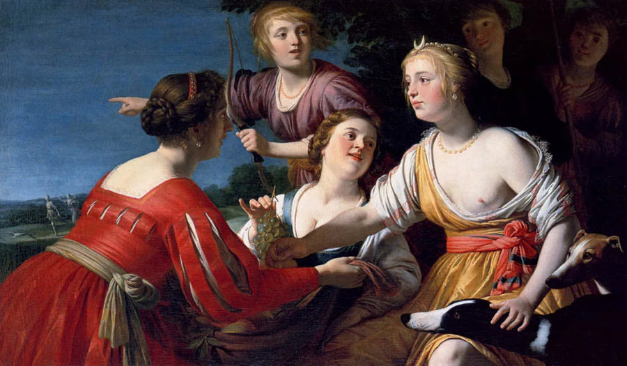 Diane descansando após a caça, com pastoras e dois galgos, uma paisagem ao fundo - Gerrit van Honthorst