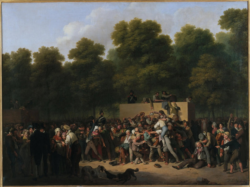 Distribuição de vinhos e alimentos na Champs-Elysées, em comemoração ao dia do rei - Louis-Léopold Boilly