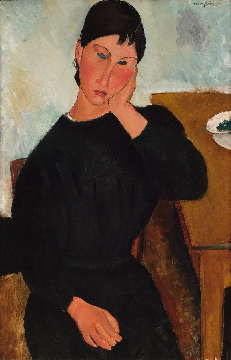 Elvire sentada, apoiada em uma mesa - Amedeo Modigliani