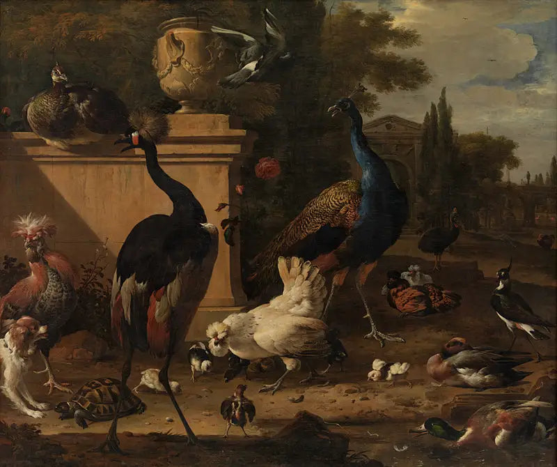 Gaiola para galinhas em uma mansão - Melchior de Hondecoeter