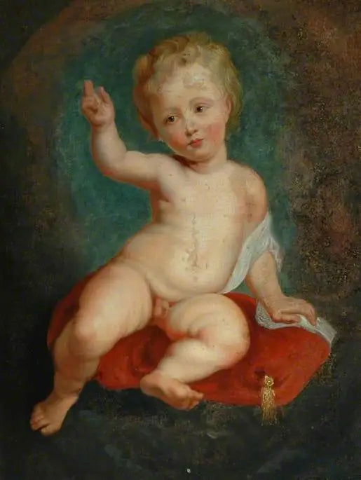Criança sentada em uma almofada vermelha - Peter Paul Rubens
