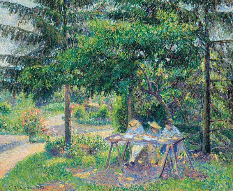 Crianças sentadas à mesa no jardim, Éragny - Camille Pissarro
