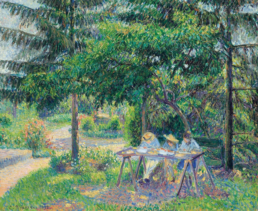 Crianças sentadas à mesa no jardim, Éragny - Camille Pissarro