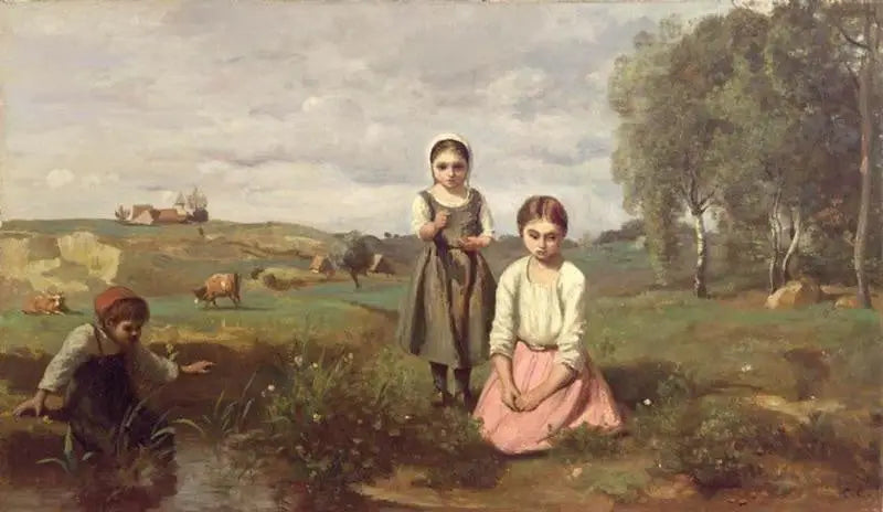 Crianças à beira de um riacho na campanha em Lormes - Jean-Baptiste Camille Corot