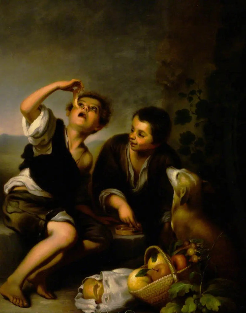 Crianças com um cachorro e uma cesta de frutas (inspirado em Bartolomé Esteban Murillo) - Bartolomé Esteban Murillo