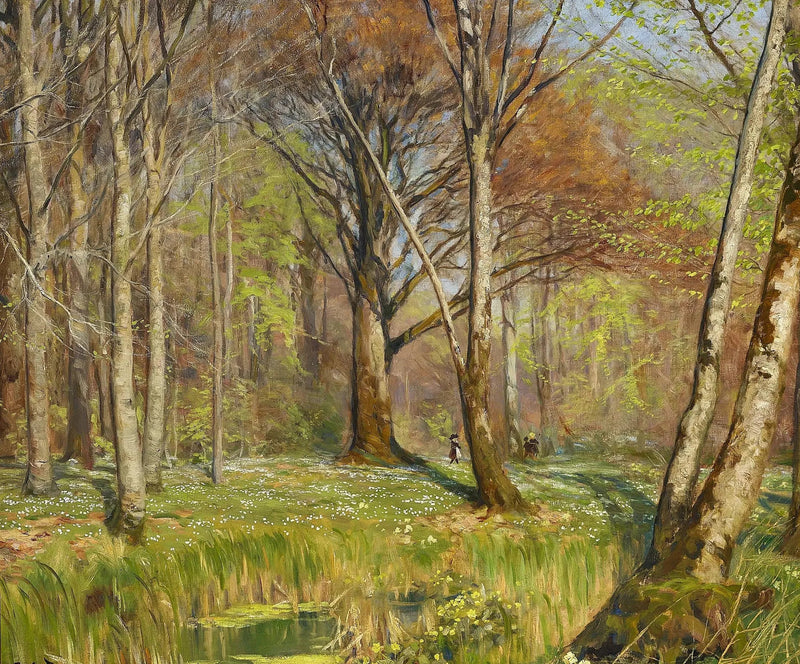 Crianças em uma floresta na primavera. As anêmonas estão em flor. - H. A. Brendekilde
