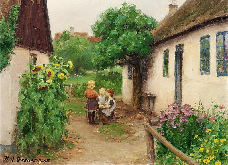 Crianças brincando perto de uma fazenda, à esquerda dos girassóis em flor. - H. A. Brendekilde