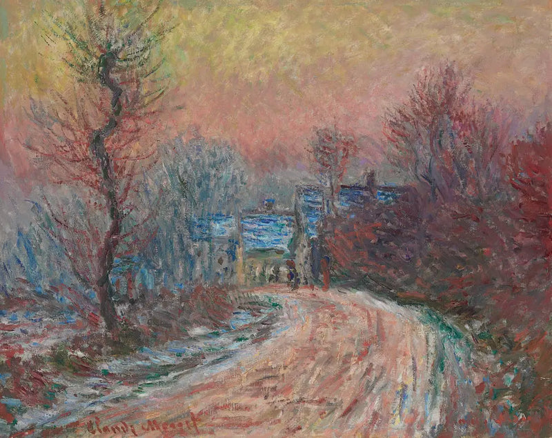 Entrada de Giverny no inverno, pôr do sol - Claude Monet